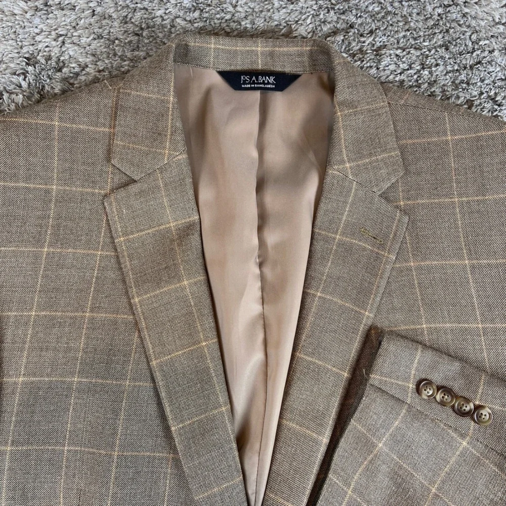 Jos A Bank Sport Coat Mens 48L Brown Windowpane Silk Wool Traveler Blazer Jacket